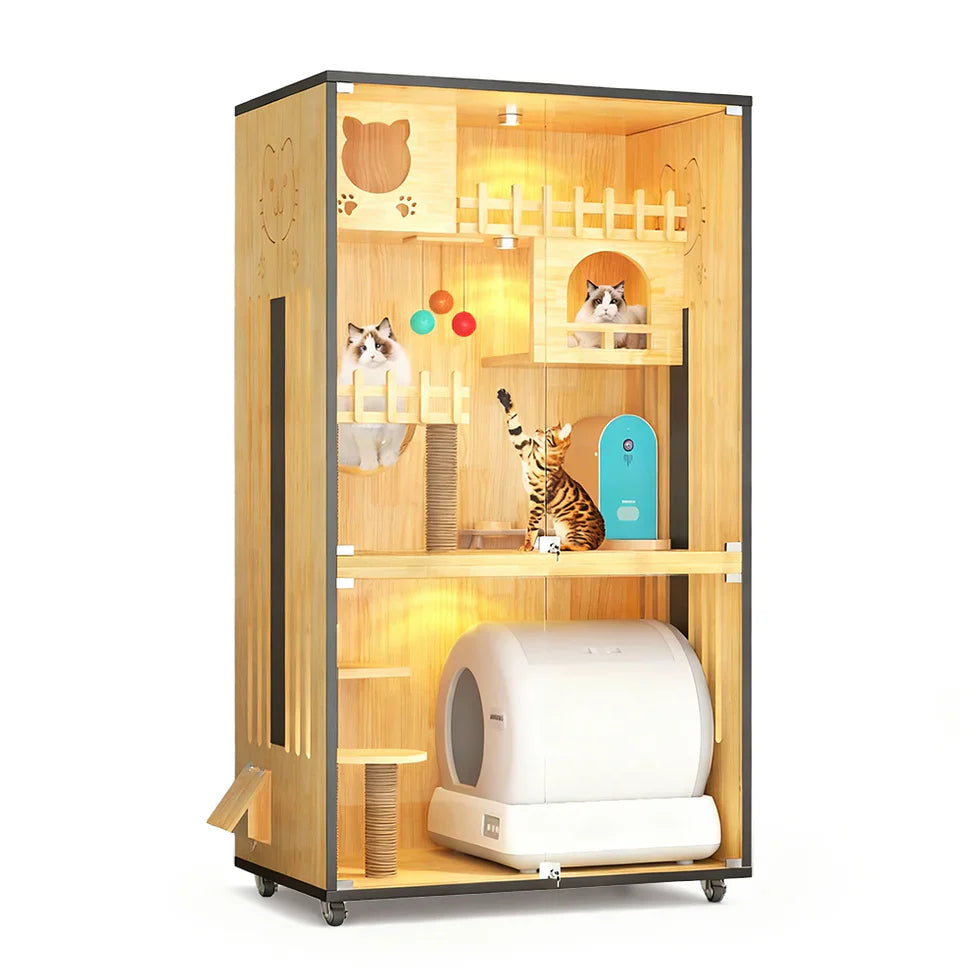Livara Multi-Level Glass Door Cat Cabinet - Pet Comfort, LED Lights