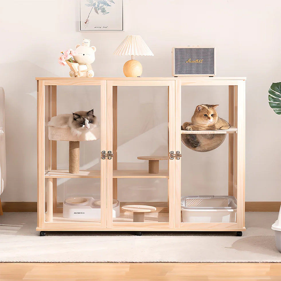 Livara Solid Pine Cat Enclosure - Pet Comfort, Acrylic Panels, Lockable Door