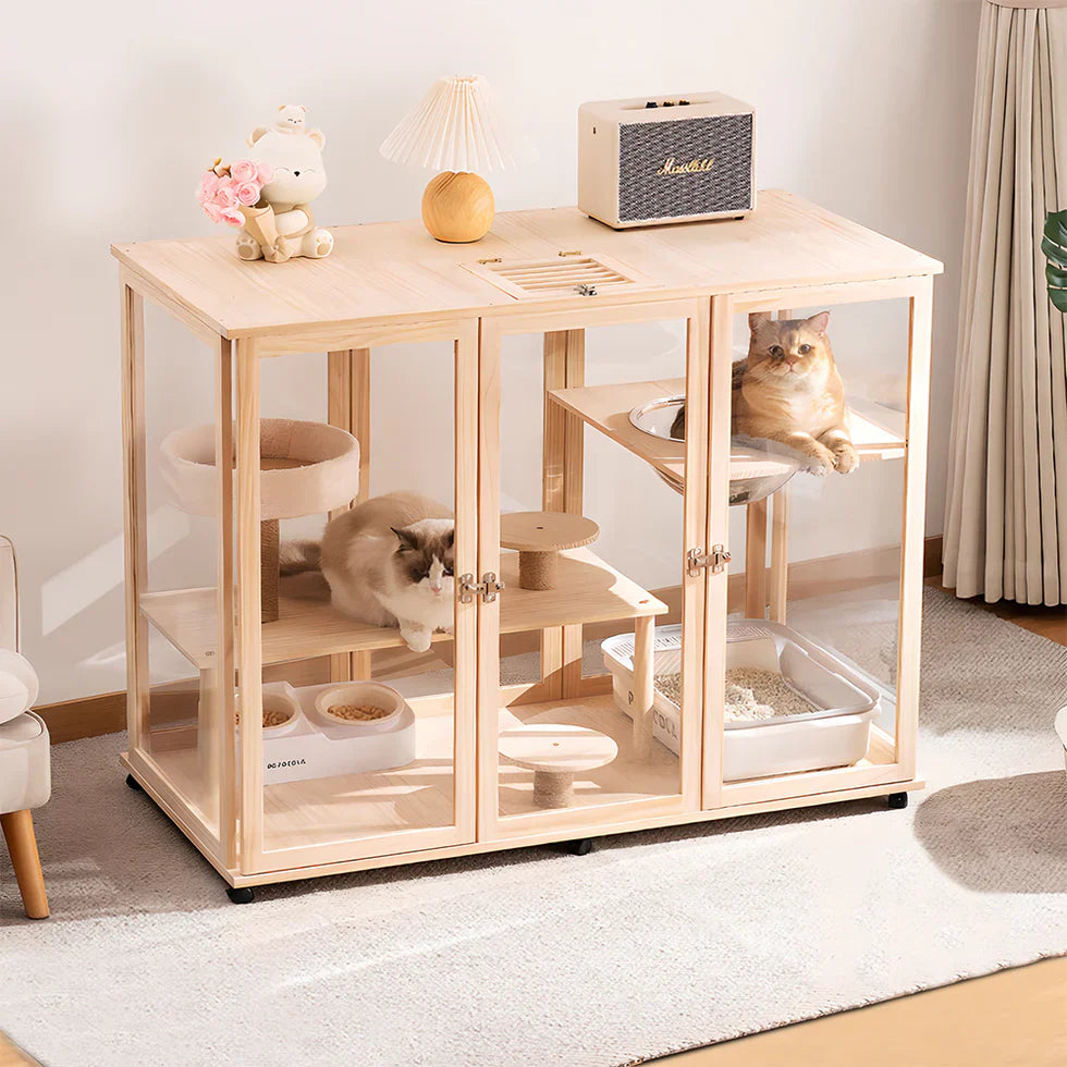 Livara Solid Pine Cat Enclosure - Pet Comfort, Acrylic Panels, Lockable Door