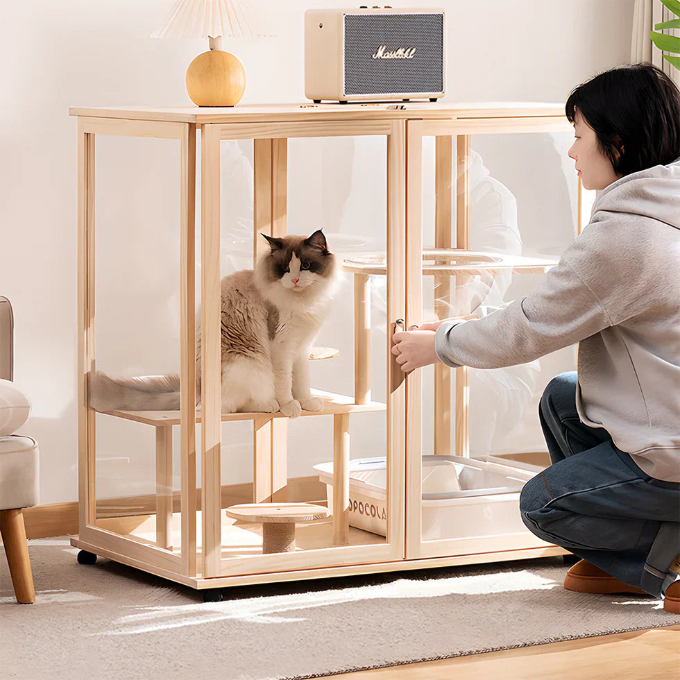 Livara Solid Pine Cat Enclosure - Pet Comfort, Acrylic Panels, Lockable Door