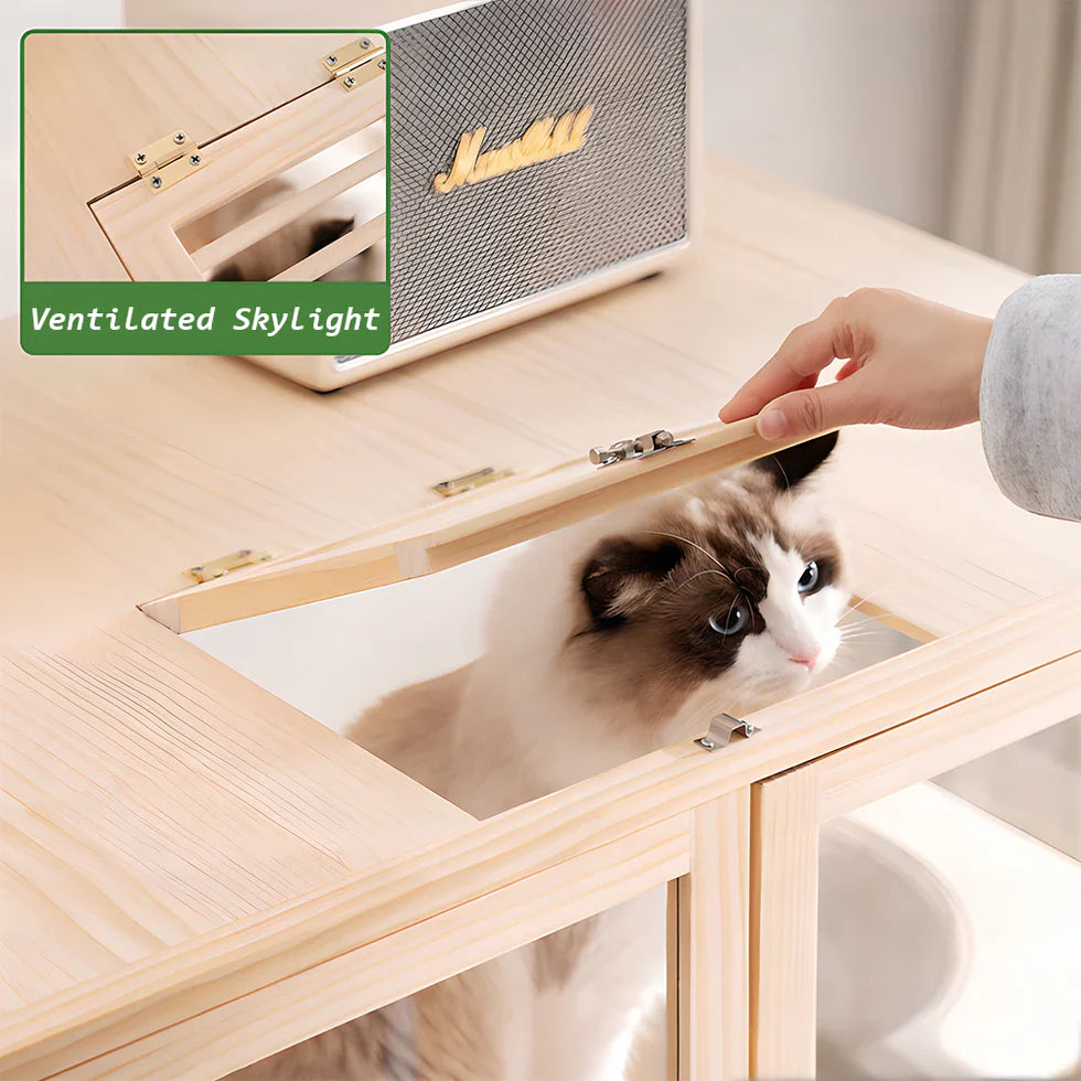 Livara Solid Pine Cat Enclosure - Pet Comfort, Acrylic Panels, Lockable Door