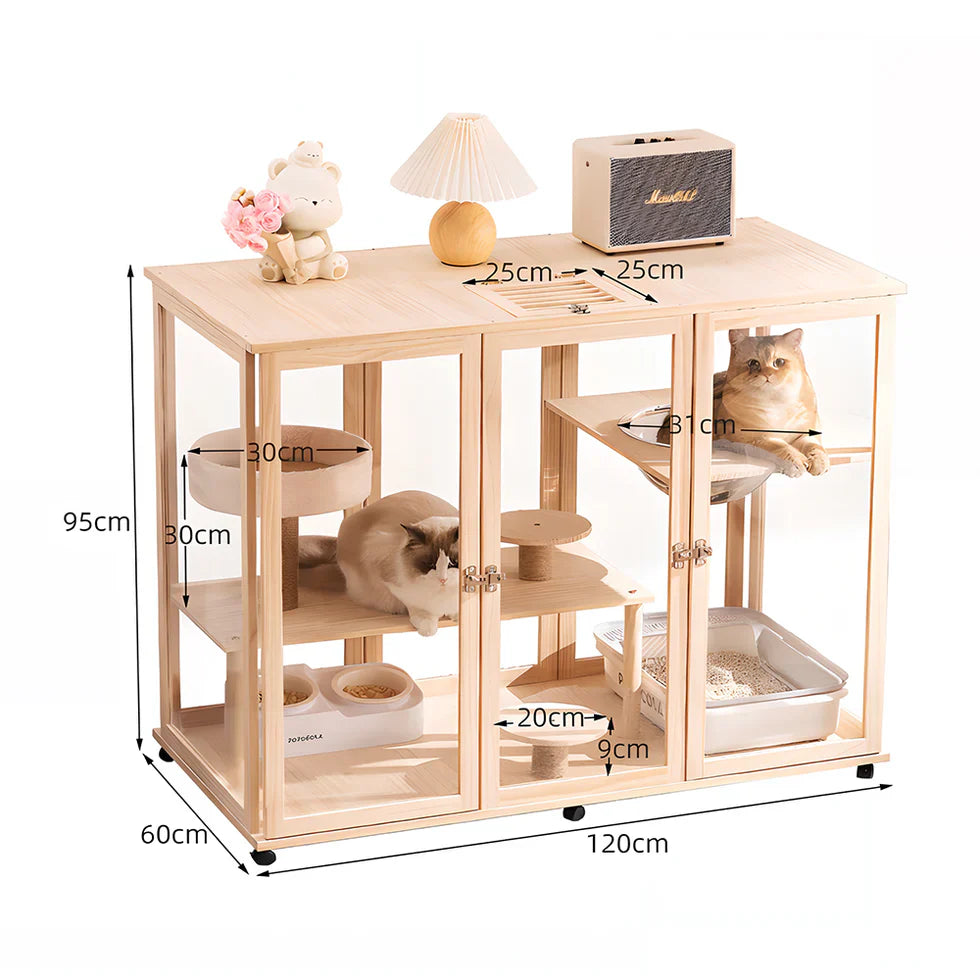 Livara Solid Pine Cat Enclosure - Pet Comfort, Acrylic Panels, Lockable Door