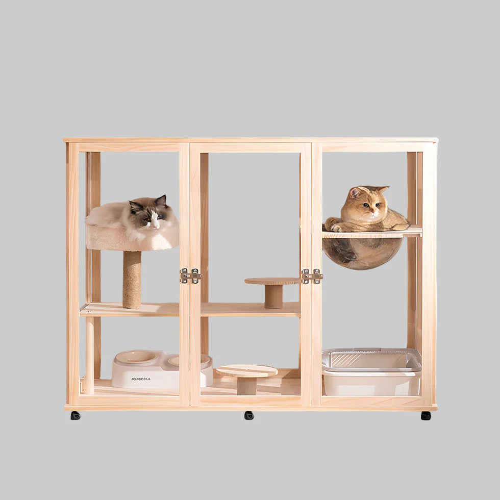 Livara Solid Pine Cat Enclosure - Pet Comfort, Acrylic Panels, Lockable Door