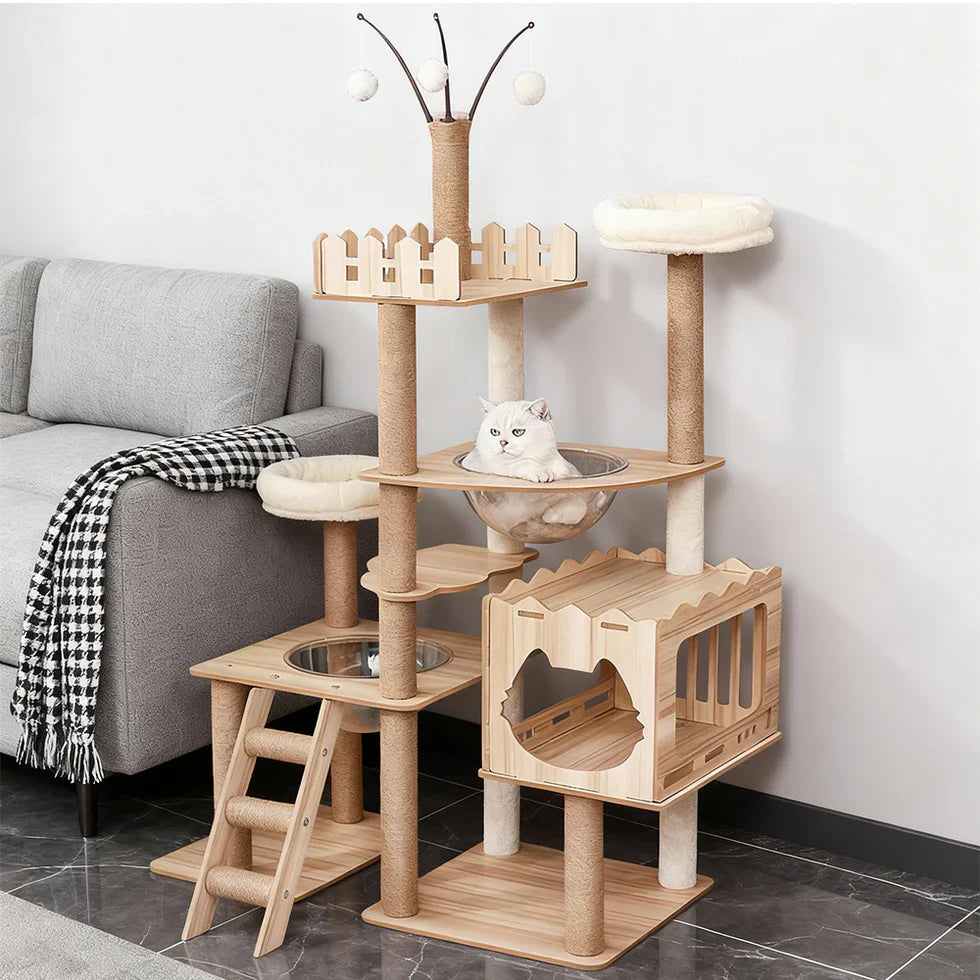 Livara MDF Cat Tree Tower - Pet Comfort, Enclosed Hideaways, Scratching Posts