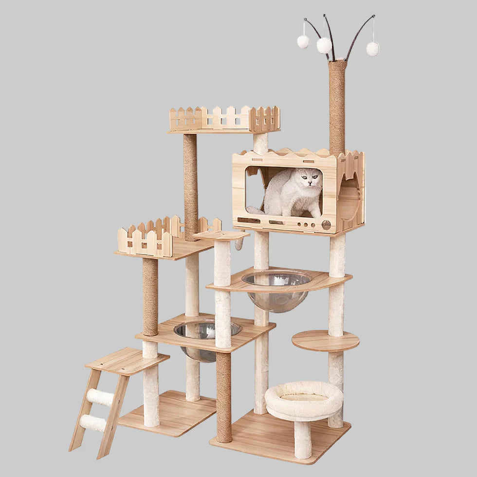 Livara MDF Cat Tree Tower - Pet Comfort, Enclosed Hideaways, Scratching Posts