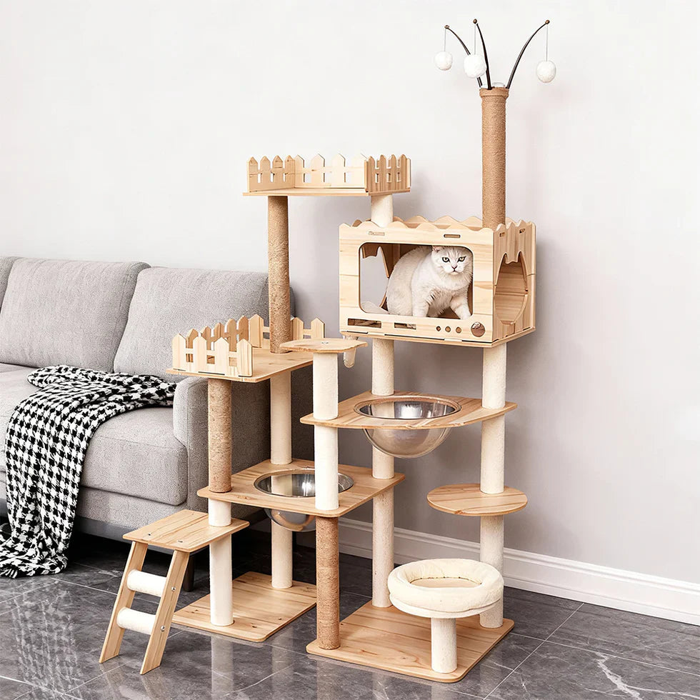 Livara MDF Cat Tree Tower - Pet Comfort, Enclosed Hideaways, Scratching Posts