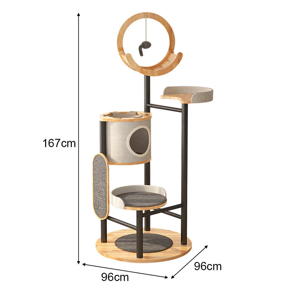Livara Iron-Frame Cat Tree Tower - Pet Comfort, Rubberwood Platforms, Replaceable Mats