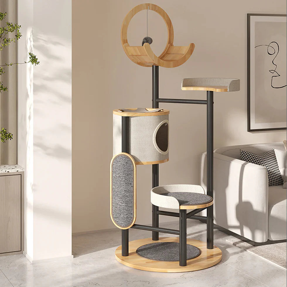 Livara Iron-Frame Cat Tree Tower - Pet Comfort, Rubberwood Platforms, Replaceable Mats
