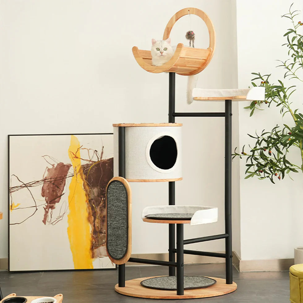 Livara Iron-Frame Cat Tree Tower - Pet Comfort, Rubberwood Platforms, Replaceable Mats