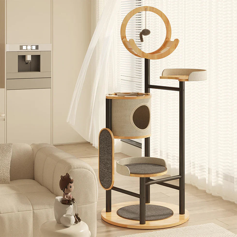 Livara Iron-Frame Cat Tree Tower - Pet Comfort, Rubberwood Platforms, Replaceable Mats