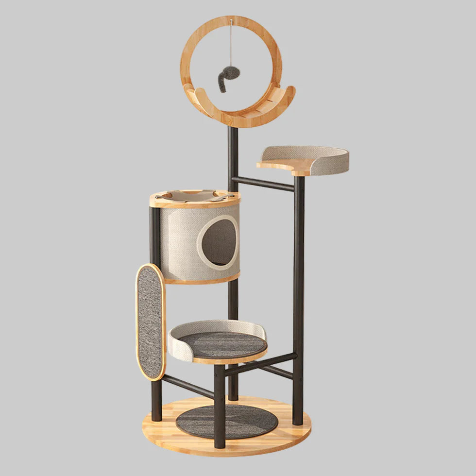 Livara Iron-Frame Cat Tree Tower - Pet Comfort, Rubberwood Platforms, Replaceable Mats