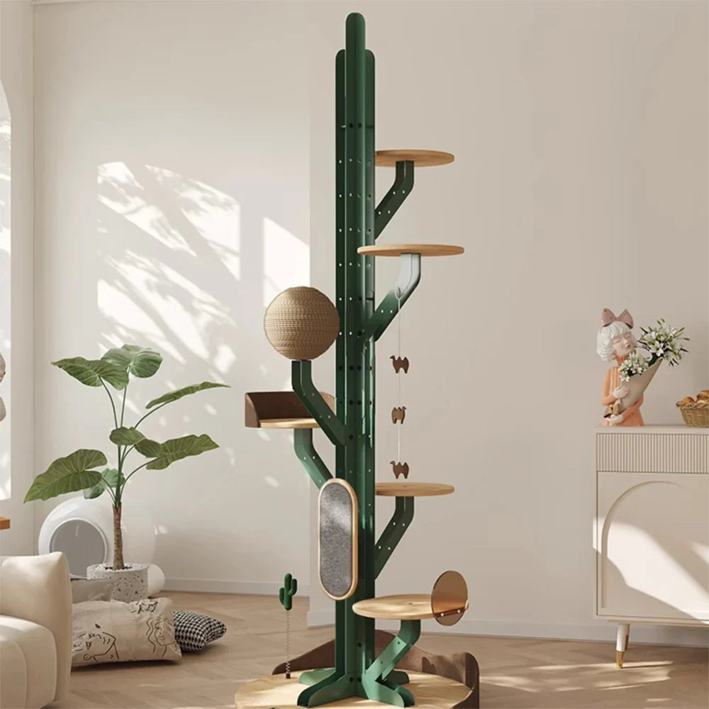 Livara Carbon-Steel Cactus Cat Tree Tower - Pet Comfort, Rubberwood Base, Adjustable Platforms