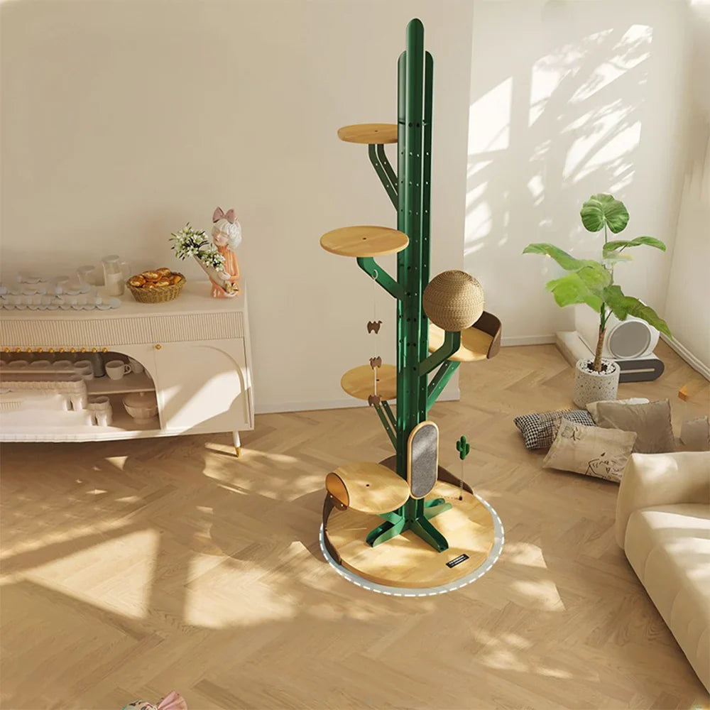 Livara Carbon-Steel Cactus Cat Tree Tower - Pet Comfort, Rubberwood Base, Adjustable Platforms