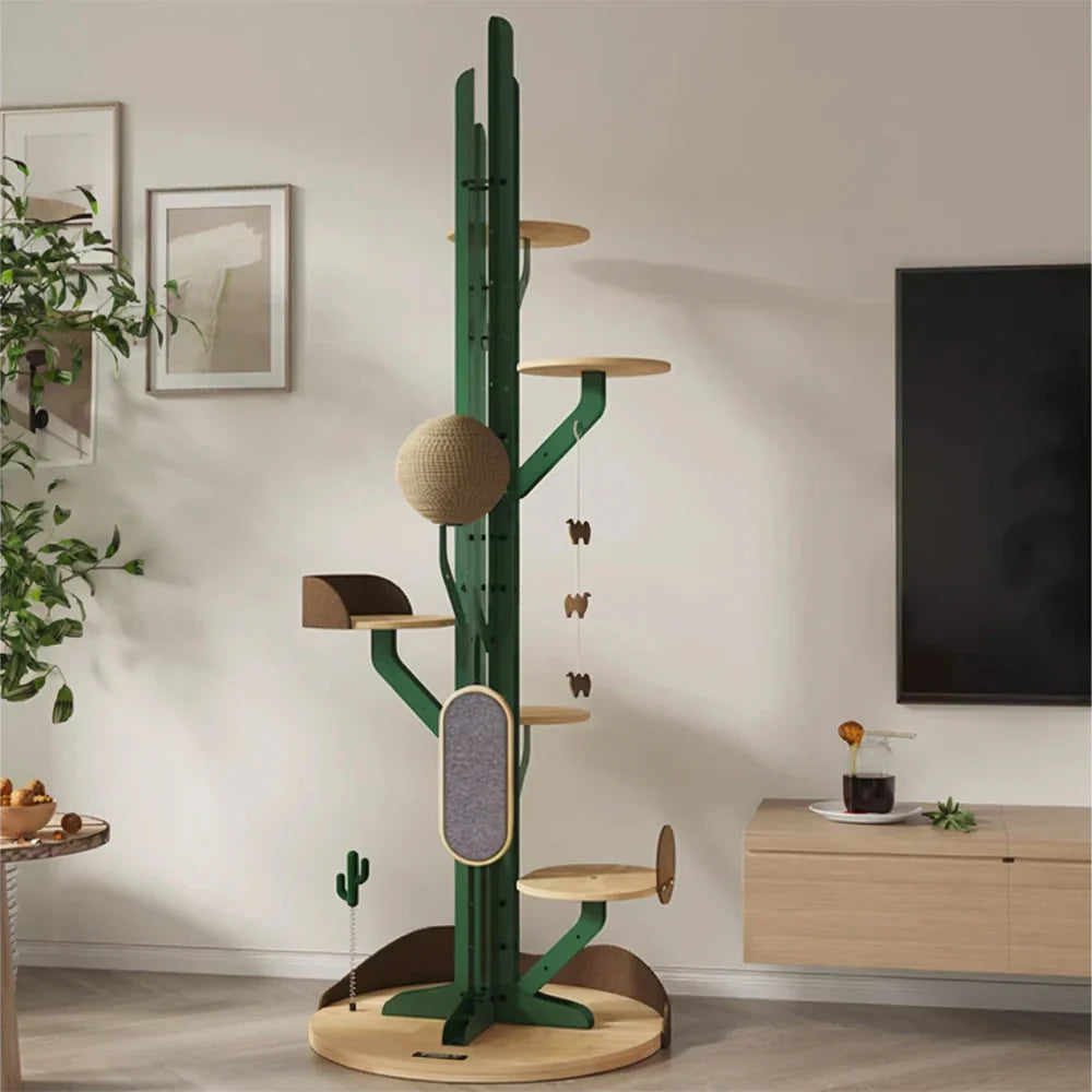 Livara Carbon-Steel Cactus Cat Tree Tower - Pet Comfort, Rubberwood Base, Adjustable Platforms