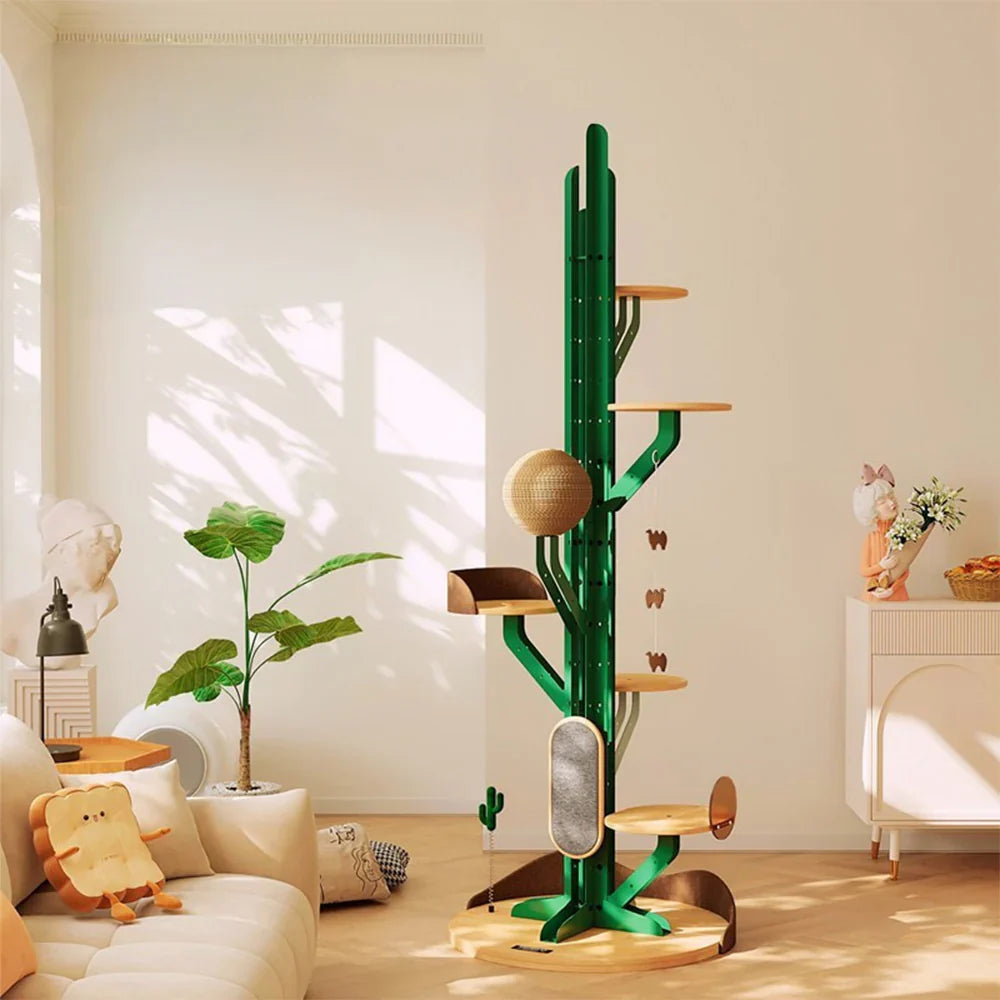 Livara Carbon-Steel Cactus Cat Tree Tower - Pet Comfort, Rubberwood Base, Adjustable Platforms