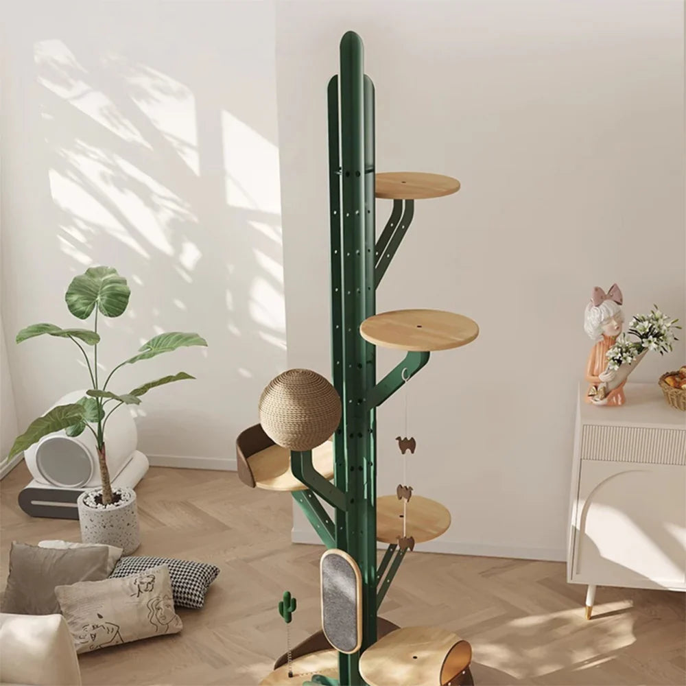 Livara Carbon-Steel Cactus Cat Tree Tower - Pet Comfort, Rubberwood Base, Adjustable Platforms