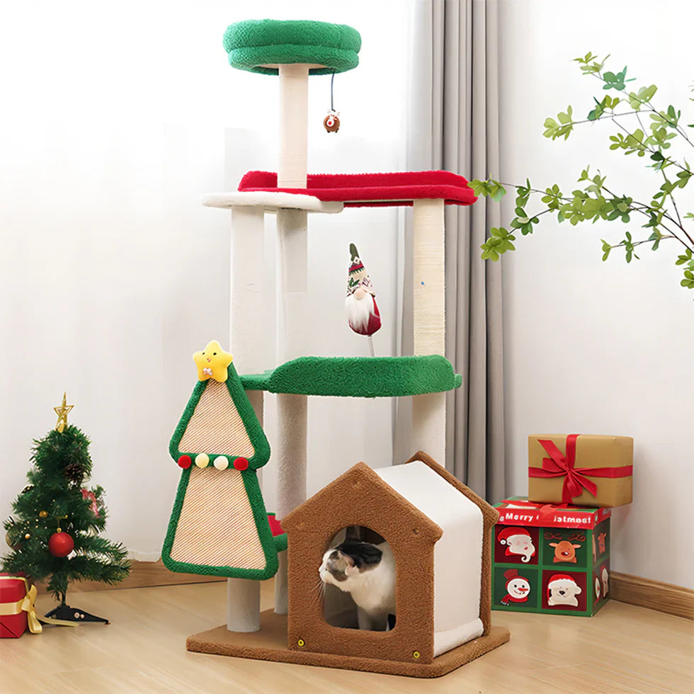 Livara Holiday Sisal Cat Tree Tower - Pet Comfort, Multi-Tier Platforms, Festive Toys