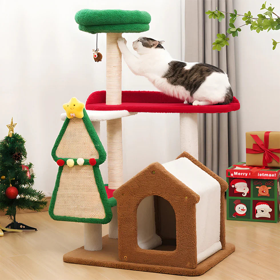 Livara Holiday Sisal Cat Tree Tower - Pet Comfort, Multi-Tier Platforms, Festive Toys