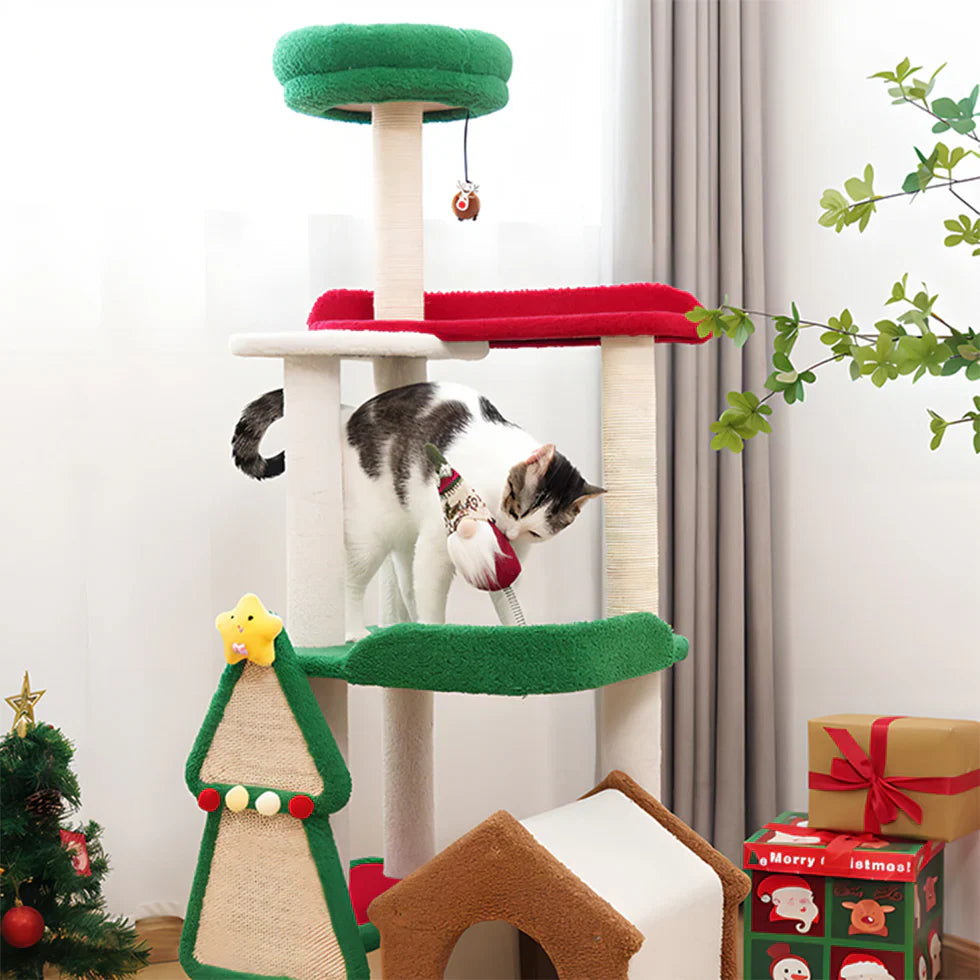 Livara Holiday Sisal Cat Tree Tower - Pet Comfort, Multi-Tier Platforms, Festive Toys