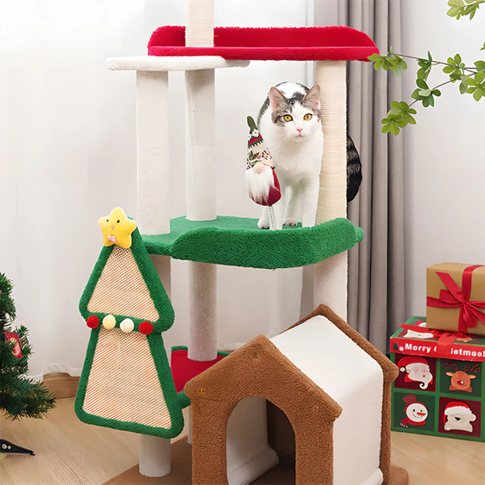Livara Holiday Sisal Cat Tree Tower - Pet Comfort, Multi-Tier Platforms, Festive Toys