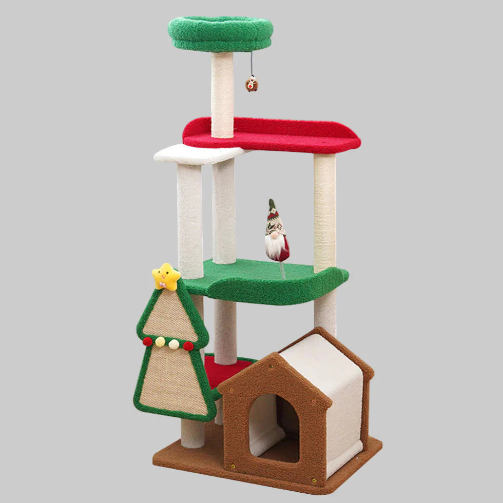 Livara Holiday Sisal Cat Tree Tower - Pet Comfort, Multi-Tier Platforms, Festive Toys