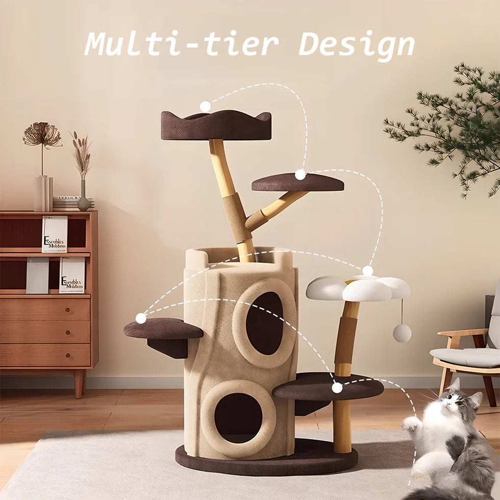 Livara Fruitwood Tree Hollow Cat Tree Tower - Pet Comfort, Dual Hideaways, Sisal Posts