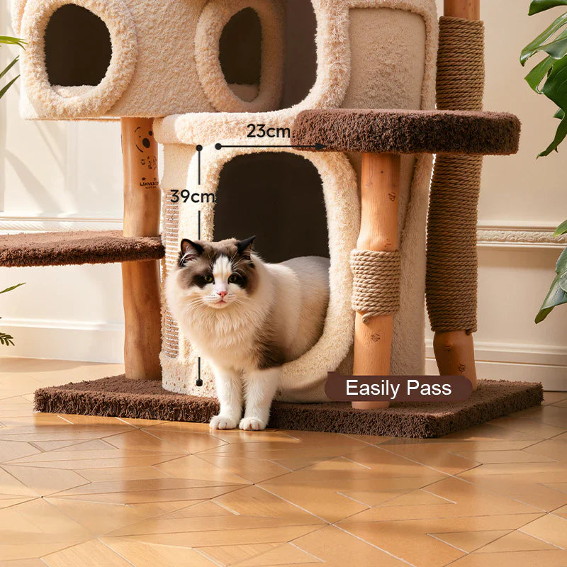 Livara Solid Wood Cat Tree Tower - Pet Comfort, Peach Velvet, Multi-Level Hideouts