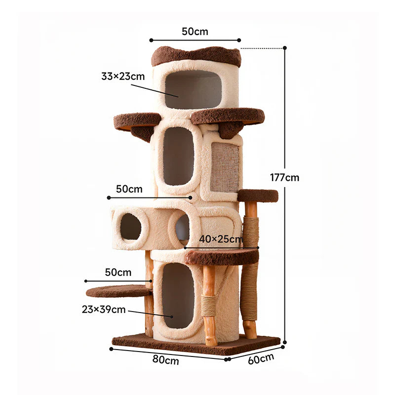 Livara Solid Wood Cat Tree Tower - Pet Comfort, Peach Velvet, Multi-Level Hideouts
