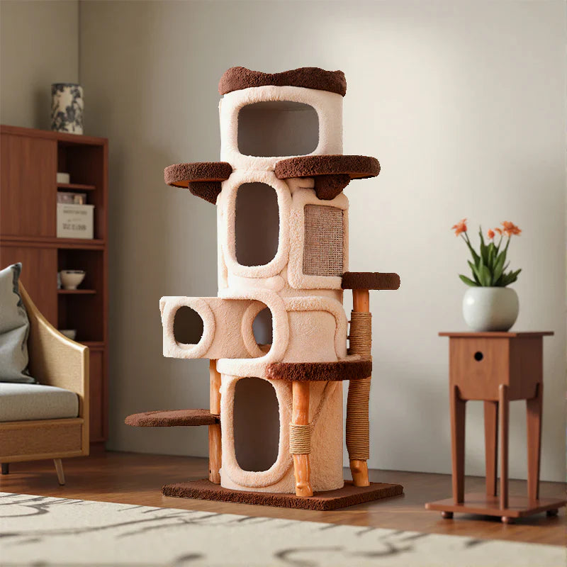 Livara Solid Wood Cat Tree Tower - Pet Comfort, Peach Velvet, Multi-Level Hideouts