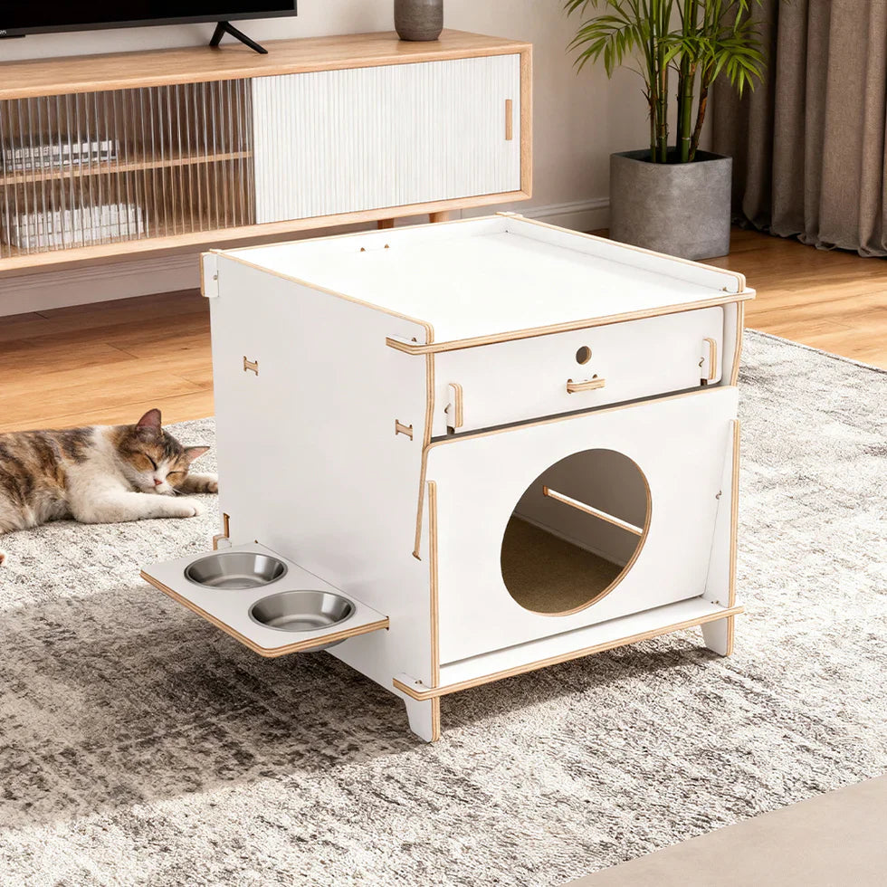 Livara Solid Wood Cat Side Table - Apartment Living, Storage Drawer