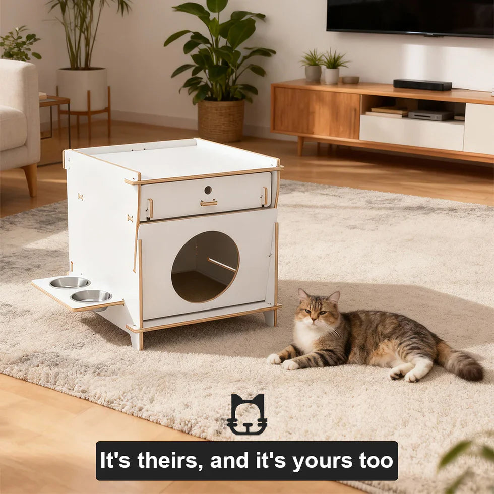 Livara Solid Wood Cat Side Table - Apartment Living, Storage Drawer