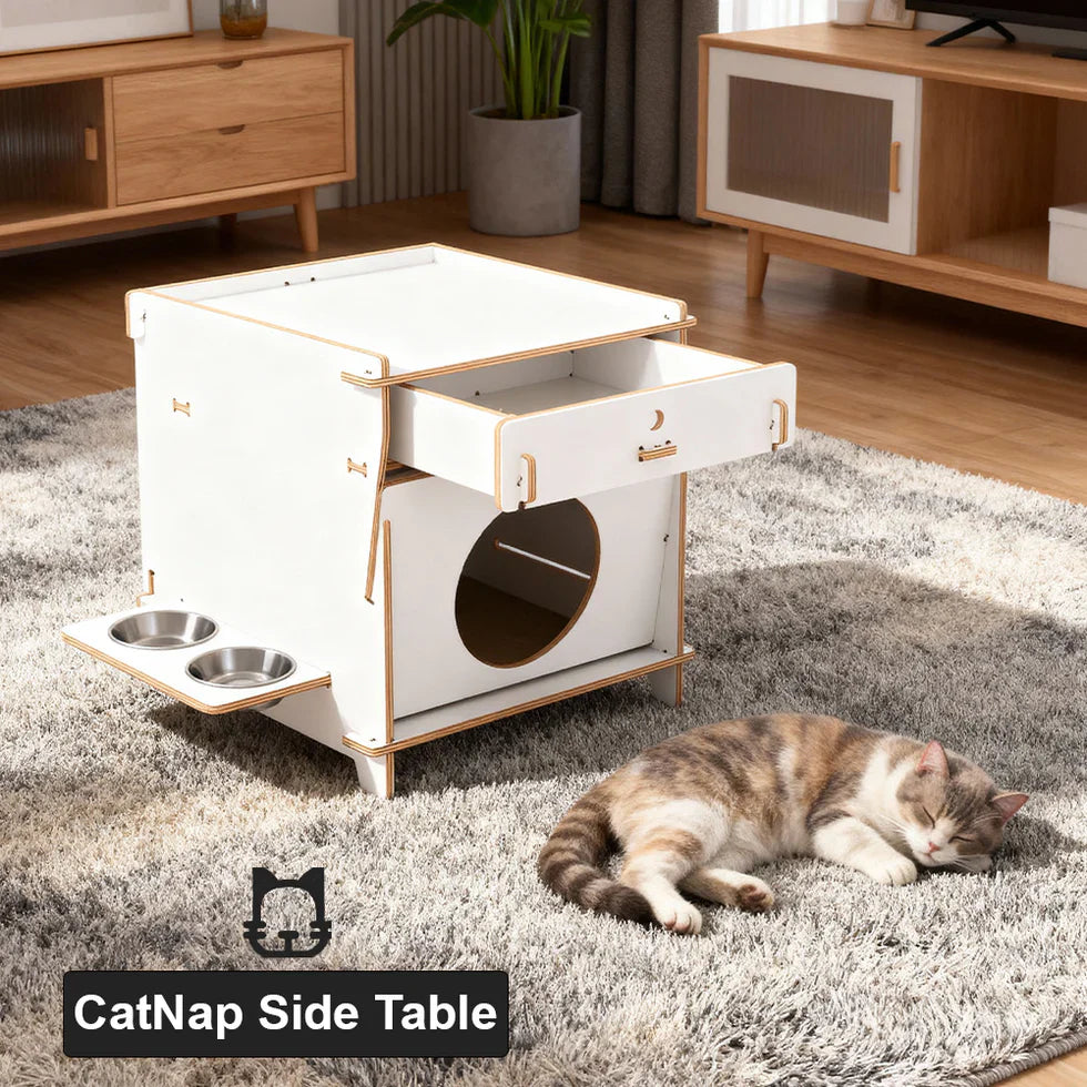 Livara Solid Wood Cat Side Table - Apartment Living, Storage Drawer