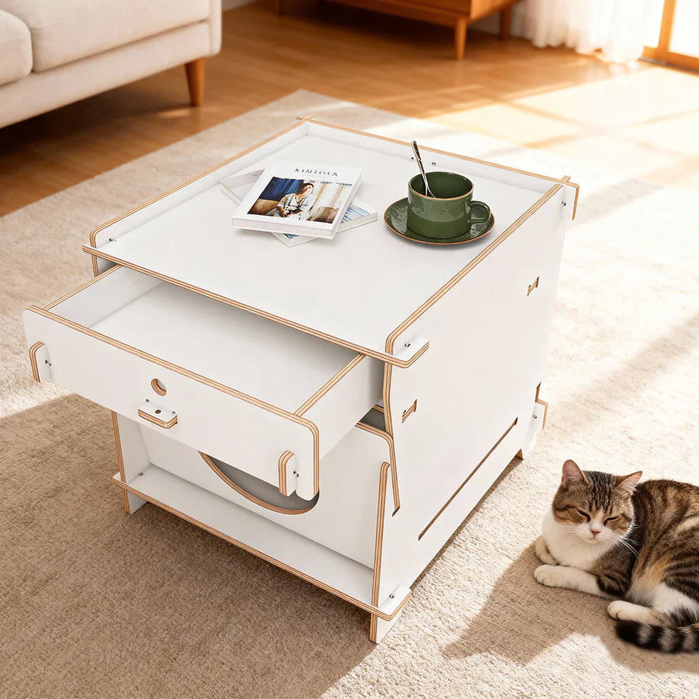 Livara Solid Wood Cat Side Table - Apartment Living, Storage Drawer
