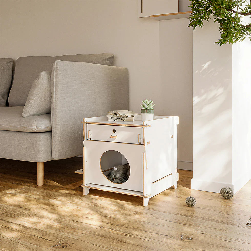 Livara Solid Wood Cat Side Table - Apartment Living, Storage Drawer