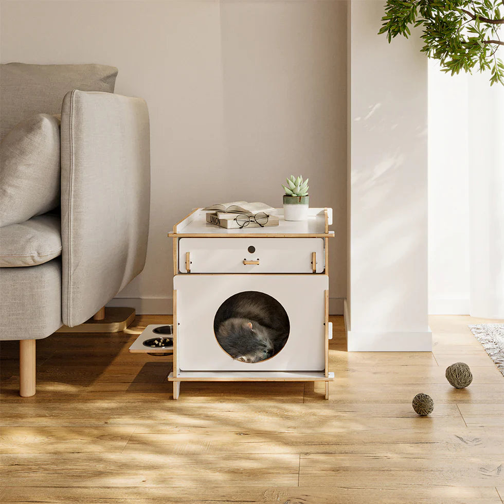 Livara Solid Wood Cat Side Table - Apartment Living, Storage Drawer