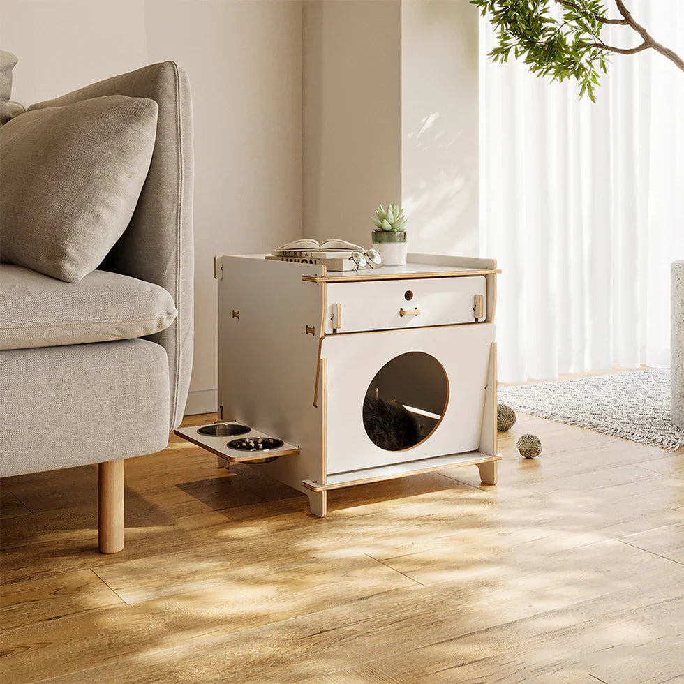 Livara Solid Wood Cat Side Table - Apartment Living, Storage Drawer