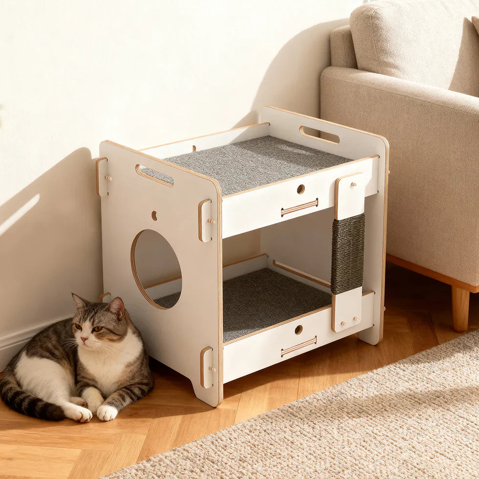 Livara Double-Layer Solid Wood Cat Side Table - Pet Comfort, Scratching Board