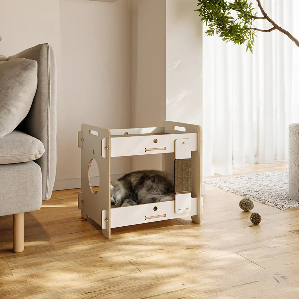 Livara Double-Layer Solid Wood Cat Side Table - Pet Comfort, Scratching Board