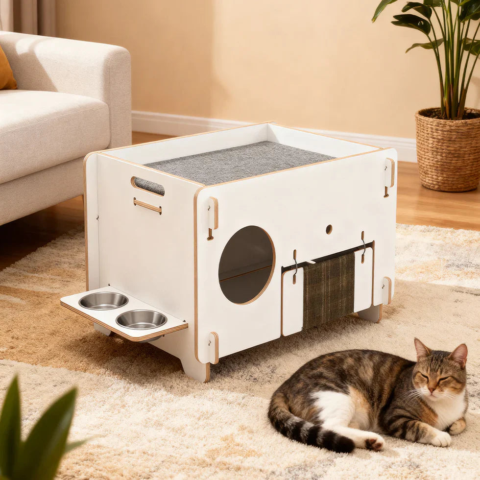 Livara Double-Layer Solid Wood Cat Side Table - Pet Comfort, PVC Litter Box