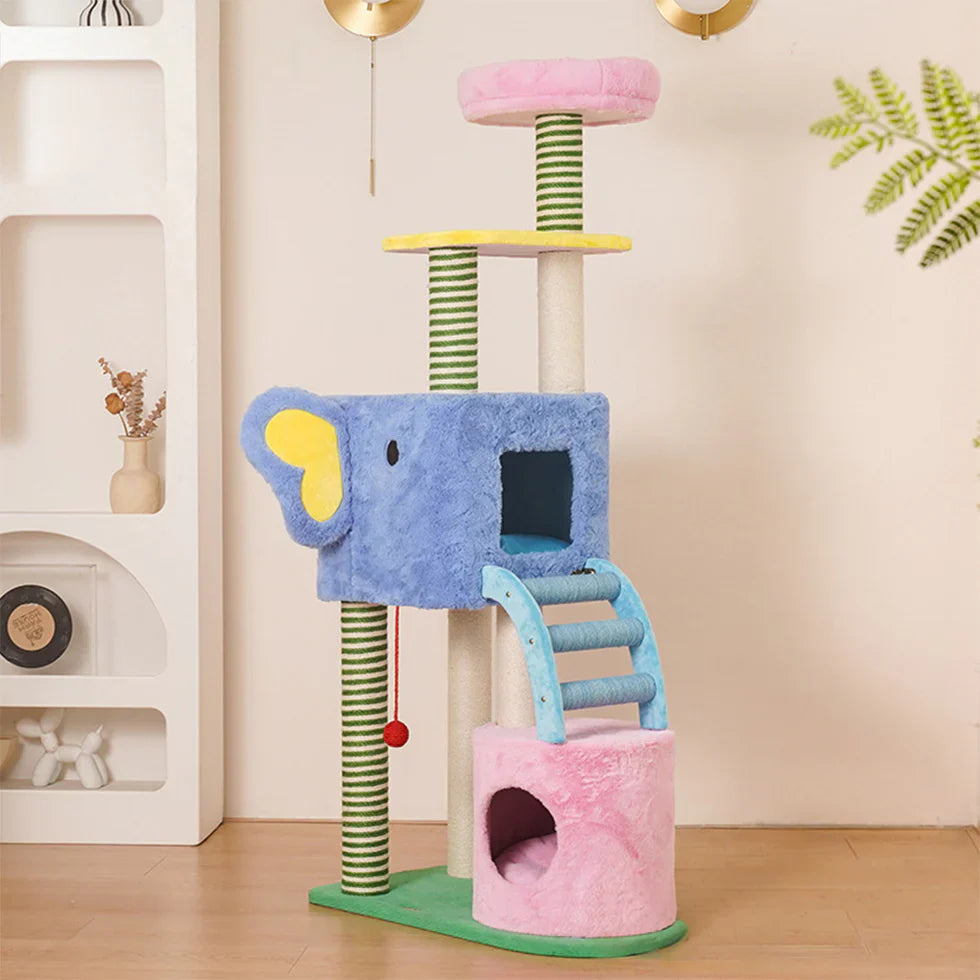 Livara Solid Rubberwood Cat Tree Tower - Pet Comfort, Curved Ladder, Multi-Level Platforms