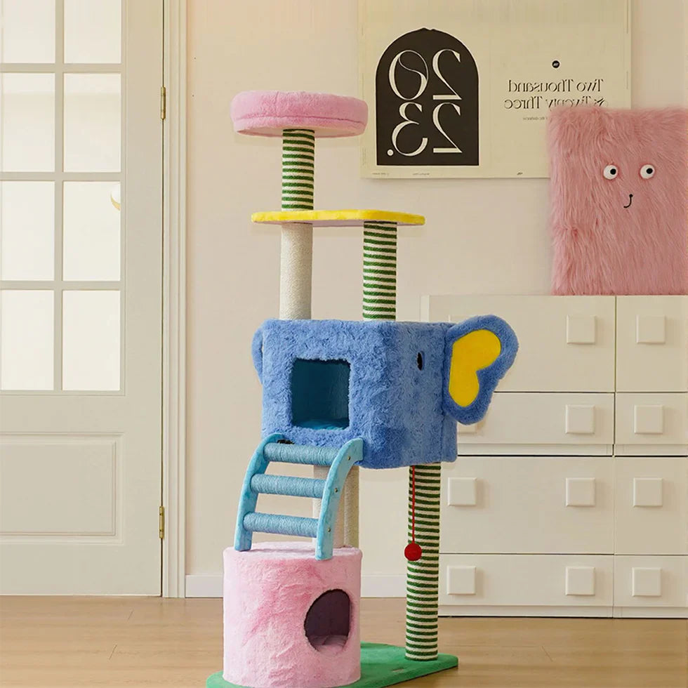 Livara Solid Rubberwood Cat Tree Tower - Pet Comfort, Curved Ladder, Multi-Level Platforms