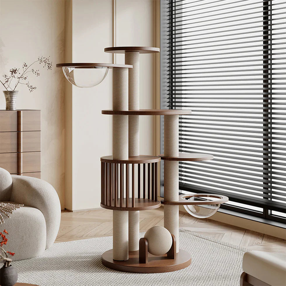 Livara Solid Rubberwood Cat Tree Tower - Pet Comfort, Semi-Enclosed Rest Areas