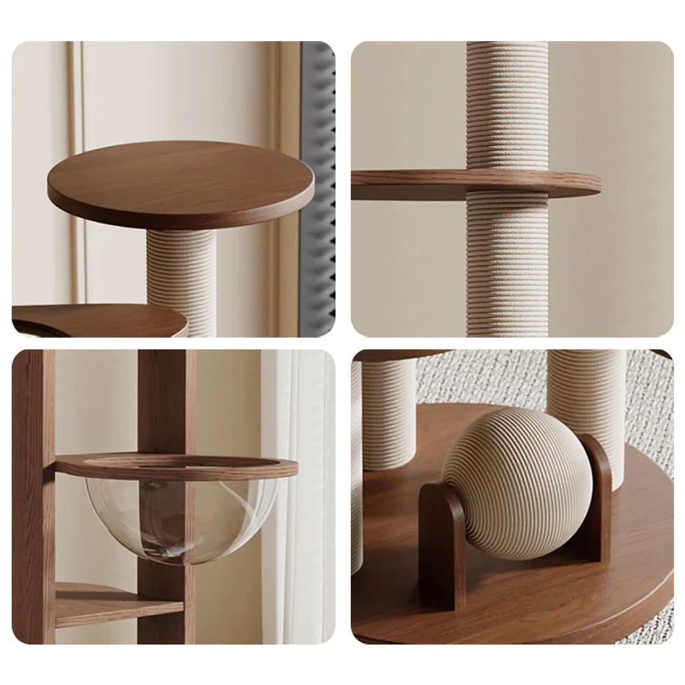 Livara Solid Rubberwood Cat Tree Tower - Pet Comfort, Semi-Enclosed Rest Areas