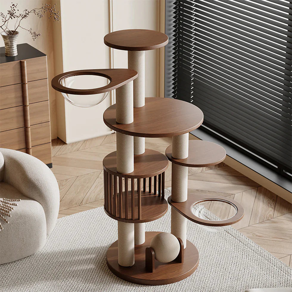 Livara Solid Rubberwood Cat Tree Tower - Pet Comfort, Semi-Enclosed Rest Areas