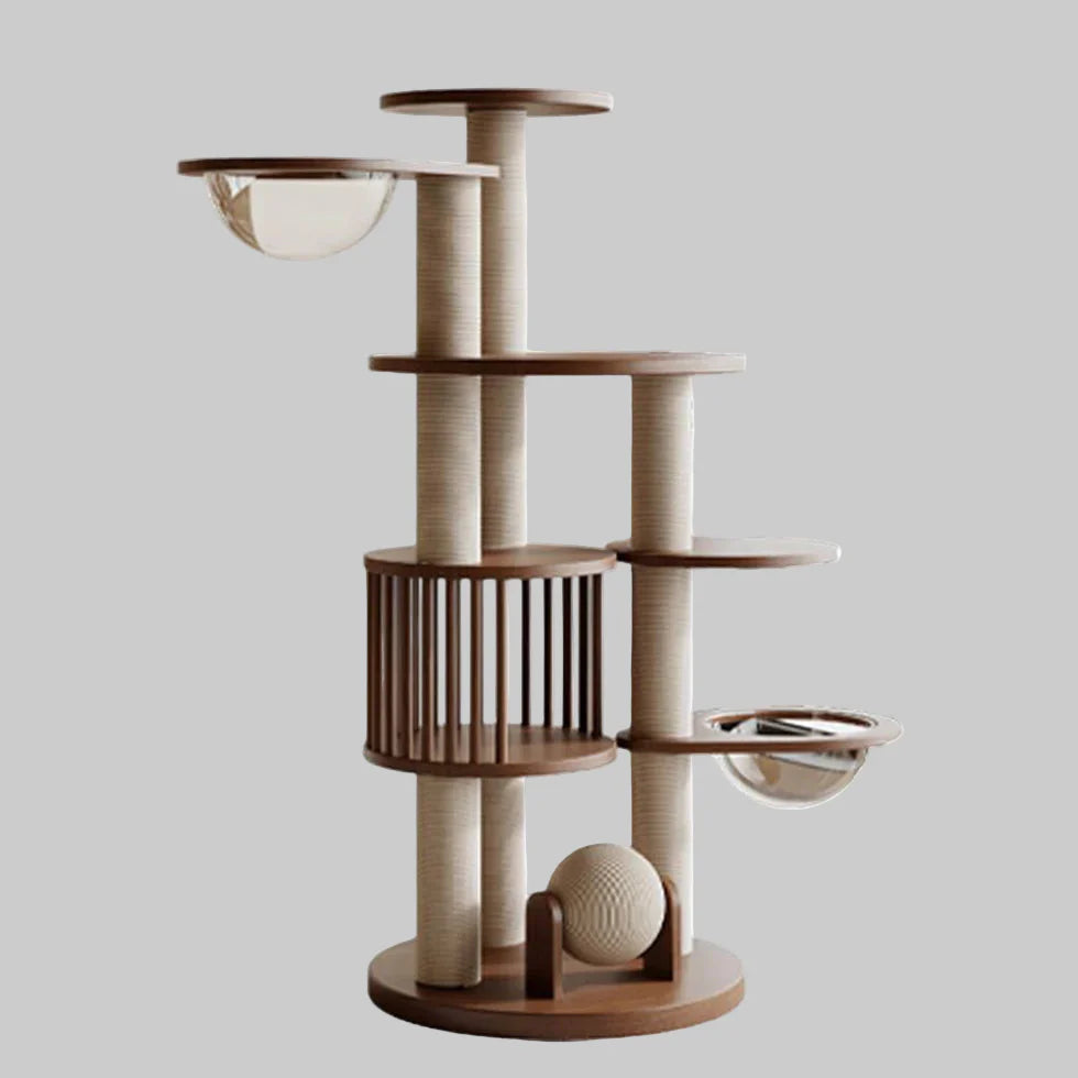 Livara Solid Rubberwood Cat Tree Tower - Pet Comfort, Semi-Enclosed Rest Areas