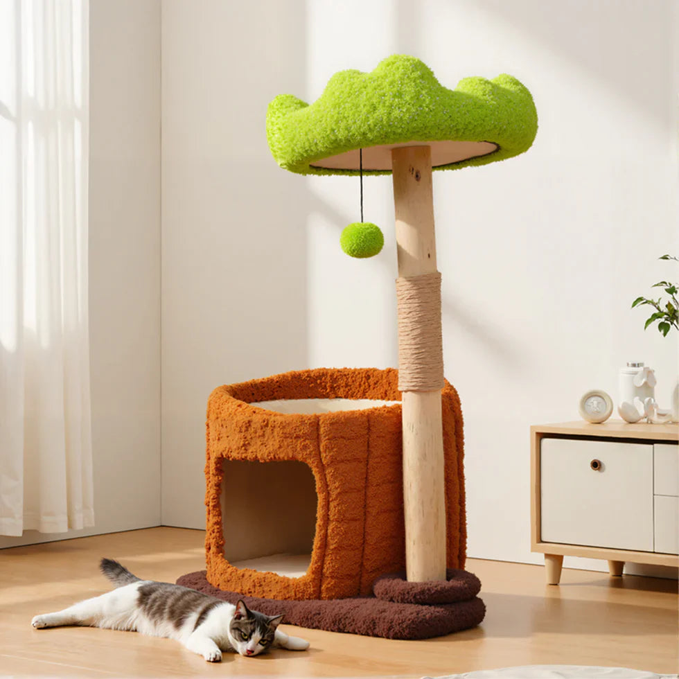 Livara Pine Wood Cat Tree Tower - Pet Comfort, Reversible Pads, Multi-Level Platforms
