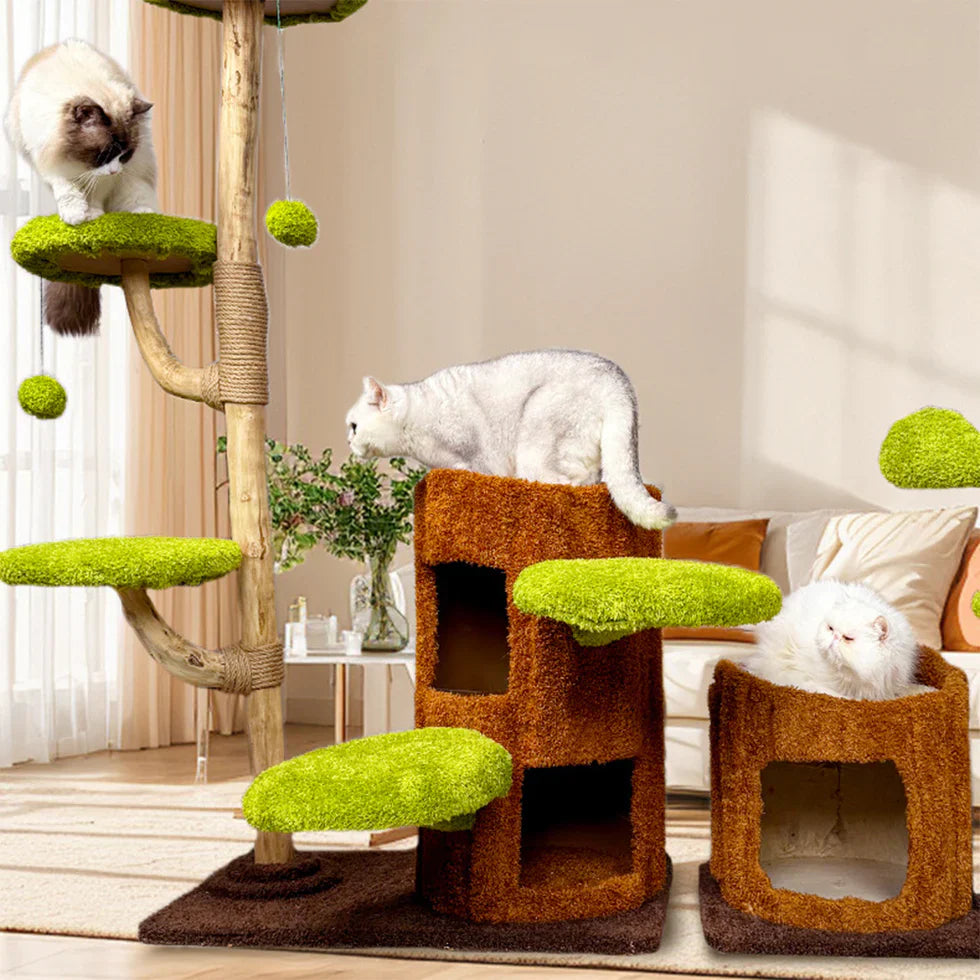 Livara Pine Wood Cat Tree Tower - Pet Comfort, Reversible Pads, Multi-Level Platforms
