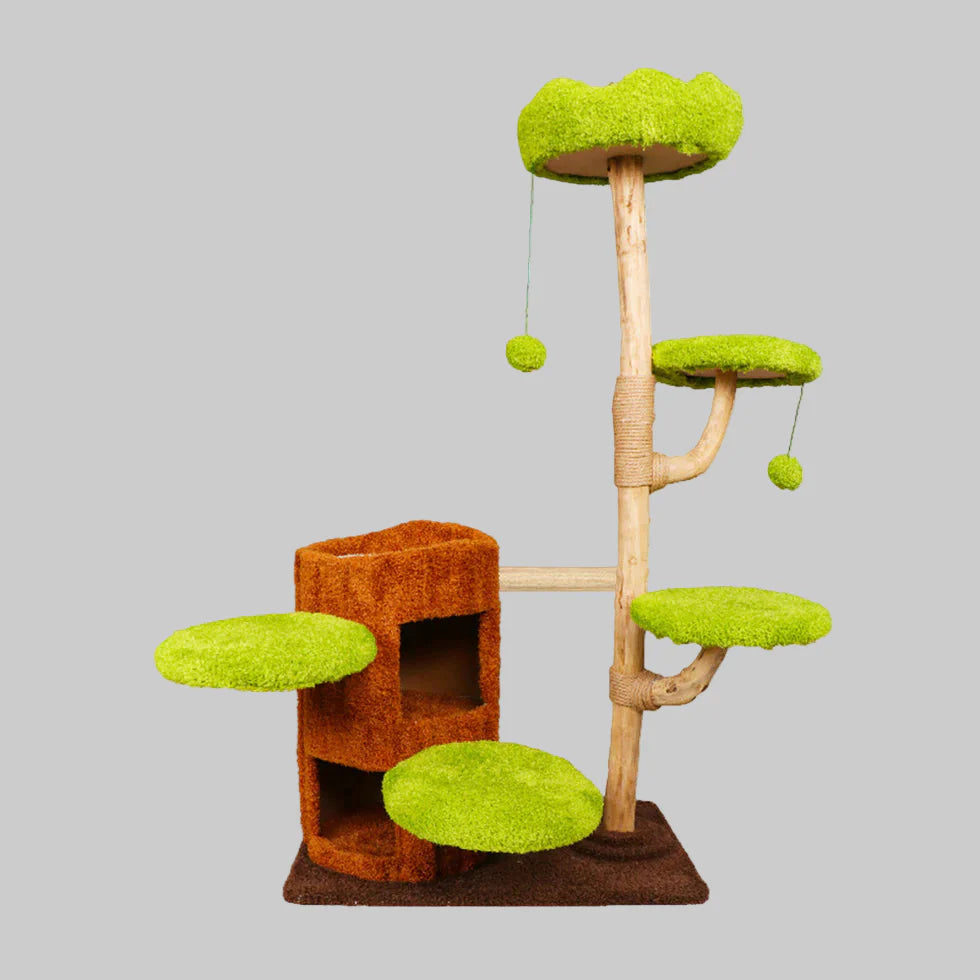 Livara Pine Wood Cat Tree Tower - Pet Comfort, Reversible Pads, Multi-Level Platforms
