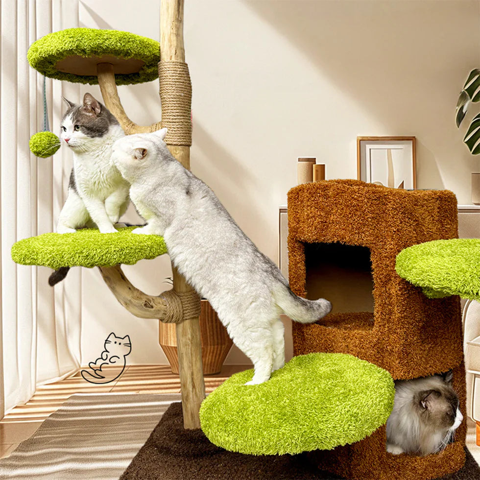 Livara Pine Wood Cat Tree Tower - Pet Comfort, Reversible Pads, Multi-Level Platforms