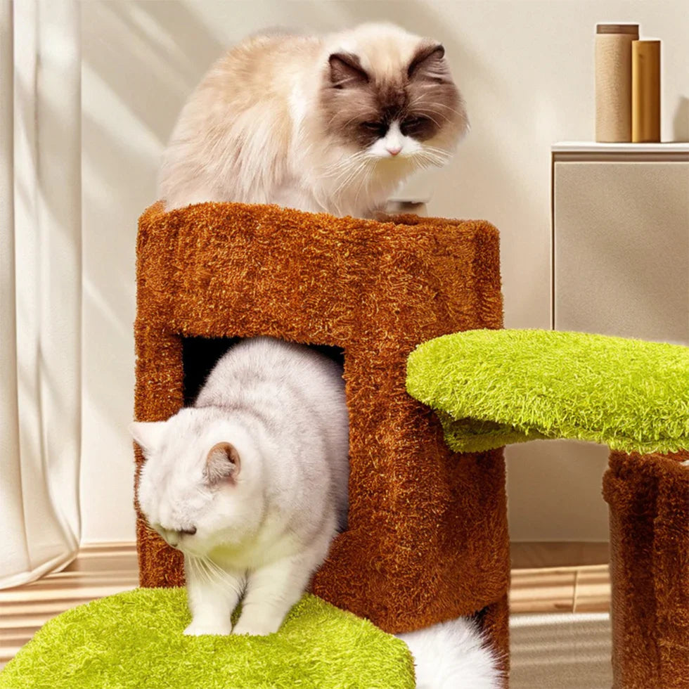Livara Pine Wood Cat Tree Tower - Pet Comfort, Reversible Pads, Multi-Level Platforms